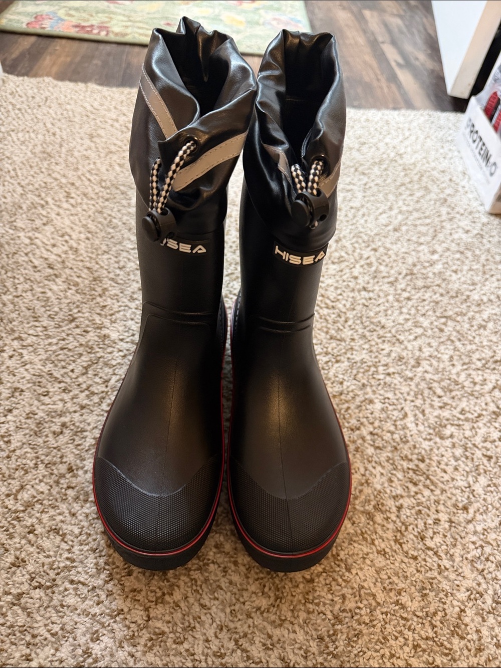 HISEA Women's Black Rain Boots with Reflective Trim and Drawstring Collar